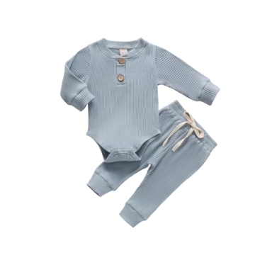 Newborn Baby Boy Girl Clothes Ribbed Knitted Cotton Long Sleeve Romper Long Pants Solid Color Fall W...