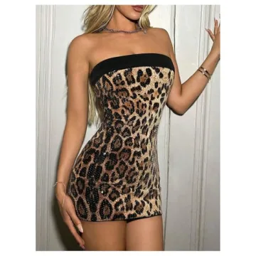 Leopard Print Sequin Strapless Bodycon Dress for Women