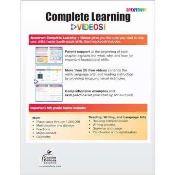 Spectrum Complete Learning + Videos 4th Grade Workbook, Language Arts, Reading Comprehension, Writin...
