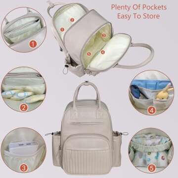 Hap Tim Diaper Bag Backpack, Leather Baby Diaper Bag with Changing Pad,19 Pockets, 2 Clear Makeup Bags, 2 Stroller Clips, Baby Registry Search, Cream White(K2252-CM)