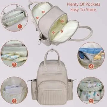 Hap Tim Diaper Bag Backpack, Leather Baby Diaper Bag with Changing Pad,19 Pockets, 2 Clear Makeup Bags, 2 Stroller Clips, Baby Registry Search, Cream White(K2252-CM)