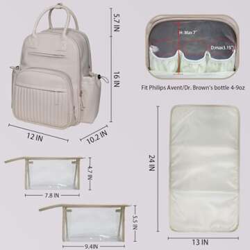 Hap Tim Diaper Bag Backpack, Leather Baby Diaper Bag with Changing Pad,19 Pockets, 2 Clear Makeup Bags, 2 Stroller Clips, Baby Registry Search, Cream White(K2252-CM)
