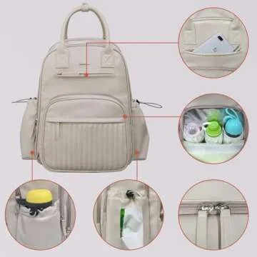 Hap Tim Diaper Bag Backpack, Leather Baby Diaper Bag with Changing Pad,19 Pockets, 2 Clear Makeup Bags, 2 Stroller Clips, Baby Registry Search, Cream White(K2252-CM)