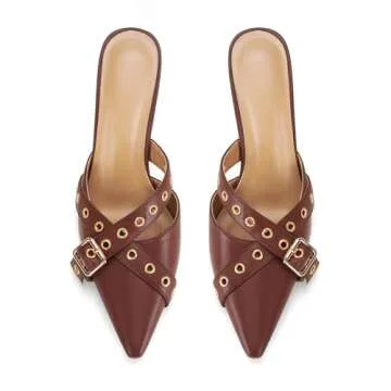 Dsevht Black Kitten Heels for Women - Pointed Toe Dressy Bow Heels Vintage Mules Sexy Pointy Studded Slip on Stiletto Pumps