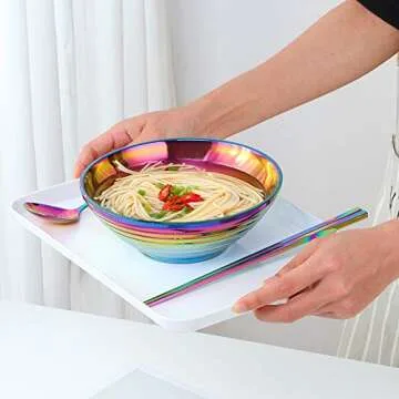 Ramen Noodle Soup Bowl,2 Sets Double Layer 18/8 Stainless Steel Bowl(8 inch), with Matching Spoon and Chopsticks by Buy THINGS!（Rainbow）, 8inch