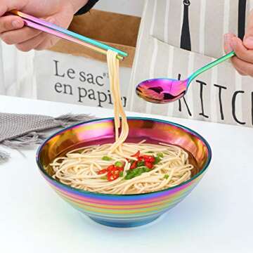 Ramen Noodle Soup Bowl,2 Sets Double Layer 18/8 Stainless Steel Bowl(8 inch), with Matching Spoon and Chopsticks by Buy THINGS!（Rainbow）, 8inch