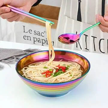 Ramen Noodle Soup Bowl,2 Sets Double Layer 18/8 Stainless Steel Bowl(8 inch), with Matching Spoon and Chopsticks by Buy THINGS!（Rainbow）, 8inch
