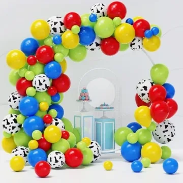 Toy Inspired Story Balloons Arch Kit - 120pcs Red Blue Yellow Balloons with Cow Print Balloons for B...