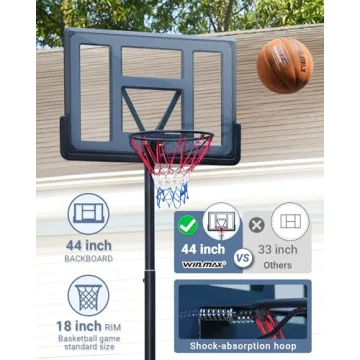 WIN.MAX Adjustable Basketball Hoop 3.8-10ft Height 44" Backboard