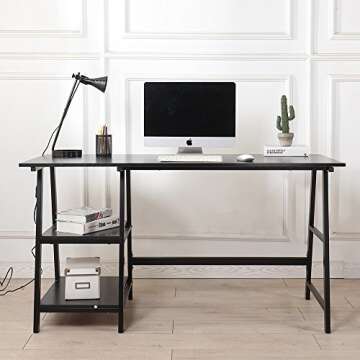 Trestle Desk with 2 Shelves, soges Home Office Storage Desk with Hutch, 55 inches Computer Desk Workstation, Student Desk Wooden School Desk, Black