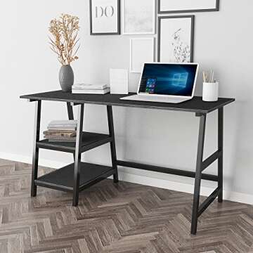 Trestle Desk with 2 Shelves, soges Home Office Storage Desk with Hutch, 55 inches Computer Desk Workstation, Student Desk Wooden School Desk, Black