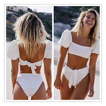 Sexy Bikini 2 Piece Women Swimsuit Solid Color Short Puff Sleeve Summer High Waist Cut Backless Bathing Suit Beachwear (Color : Black, Size : Large)
