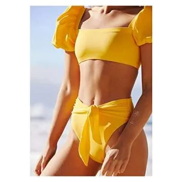 Sexy Bikini 2 Piece Women Swimsuit Solid Color Short Puff Sleeve Summer High Waist Cut Backless Bathing Suit Beachwear (Color : Black, Size : Large)