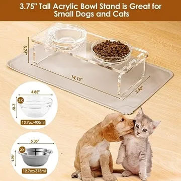 Dog and Cat Bowls Elevated Set - Acrylic Feeder Stand with 2 Set Removable Stainless Steel and Glass Bowls Food and Water Raised Dishes for Small Pet,3.75 inches