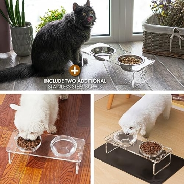 Dog and Cat Bowls Elevated Set - Acrylic Feeder Stand with 2 Set Removable Stainless Steel and Glass Bowls Food and Water Raised Dishes for Small Pet,3.75 inches