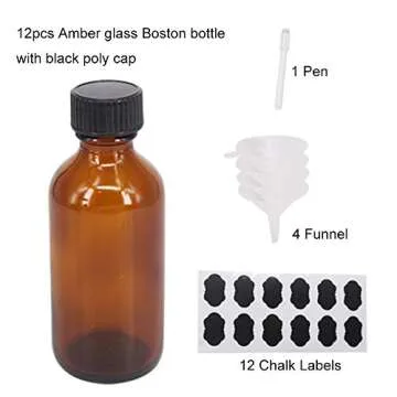 BPFY 12 pack 2 oz Amber Boston Glass Bottle With Black Poly Cap, Funnel, Chalk Labels, Pen Dispensing Bottles for Homemade Vanilla Extract, Essential Oils, Wedding Christmas Decor