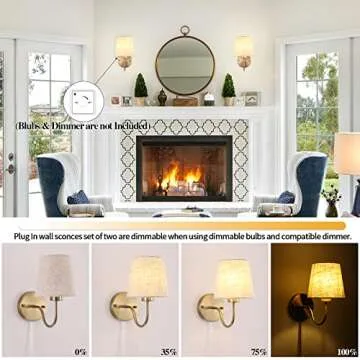 LASENCHOO Plug in Wall Sconces Set of Two, Modern Wall Lamp with Plug in Cord 6.56ft & On/Off Switch with Fabric Lampshade, Gold Sconces Wall Lighting Fixture for Bedroom Bedside Living Room Porch