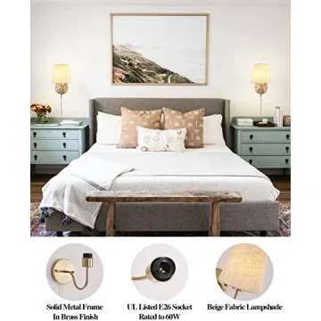 LASENCHOO Plug in Wall Sconces Set of Two, Modern Wall Lamp with Plug in Cord 6.56ft & On/Off Switch with Fabric Lampshade, Gold Sconces Wall Lighting Fixture for Bedroom Bedside Living Room Porch