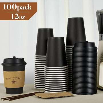 LITOPAK 100 Pack 12 oz Paper Coffee Cups, Drinking Cups for Hot Coffee Chocolate Drinks, Disposable Coffee Cups with Lids, Sleeves and Stirring Sticks, Black Hot Coffee Cups for Home and Cafes