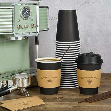 LITOPAK 100 Pack 12 oz Paper Coffee Cups, Drinking Cups for Hot Coffee Chocolate Drinks, Disposable Coffee Cups with Lids, Sleeves and Stirring Sticks, Black Hot Coffee Cups for Home and Cafes