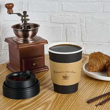 LITOPAK 100 Pack 12 oz Paper Coffee Cups, Drinking Cups for Hot Coffee Chocolate Drinks, Disposable Coffee Cups with Lids, Sleeves and Stirring Sticks, Black Hot Coffee Cups for Home and Cafes