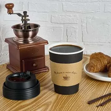 LITOPAK 100 Pack 12 oz Paper Coffee Cups, Drinking Cups for Hot Coffee Chocolate Drinks, Disposable Coffee Cups with Lids, Sleeves and Stirring Sticks, Black Hot Coffee Cups for Home and Cafes