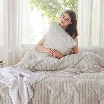 Bedsure Striped Boho Duvet Cover King Size - Tufted Boho Bedding Set, 3 Pieces Shabby Chic Home Bedd...