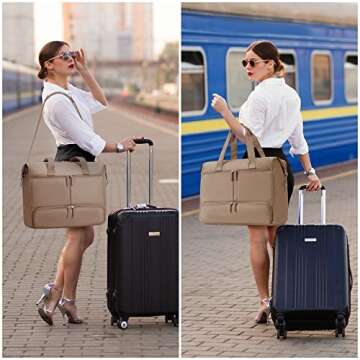 LYAUK Travel Bag with 15.6 inch Laptop Compartment, Weekender Bag Women with Shoe Compartment & USB Charging Port & Toiletry Bag, Carry on Duffel Bag for Travel, Business, Work, Trips (Khaki)