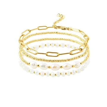 Pymach Dainty Gold Pearl Crystal Beaded Bracelets Set - 14K Real Gold Plated Stackable Jewelry for W...