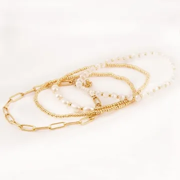 Pymach Gold Pearl Crystal Beaded Bracelets Set for Women