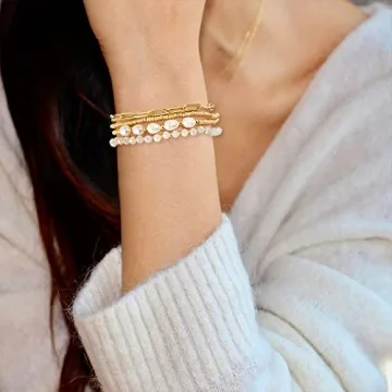 Pymach Gold Pearl Crystal Beaded Bracelets Set for Women