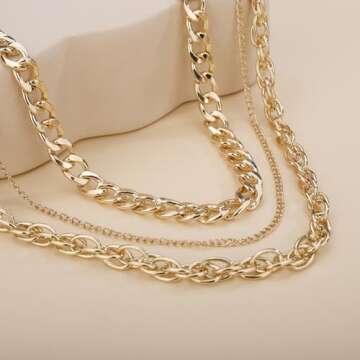 JWICOS Cuban Link Chain for Women Chunky Chain Necklace with Three Layer Boho Bohemia Choker for Women (Gold)
