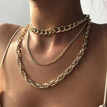 JWICOS Cuban Link Chain for Women Chunky Chain Necklace with Three Layer Boho Bohemia Choker for Women (Gold)