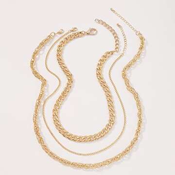 JWICOS Cuban Link Chain for Women Chunky Chain Necklace with Three Layer Boho Bohemia Choker for Women (Gold)