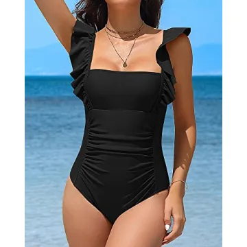 Charmo Womens Ruffle Retro One Piece Swimsuit Ruched Tummy Control Bathing Suit Backless Monokini Swimwear (Black,Large)