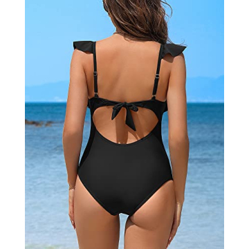 Charmo Womens Ruffle Retro One Piece Swimsuit Ruched Tummy Control Bathing Suit Backless Monokini Swimwear (Black,Large)