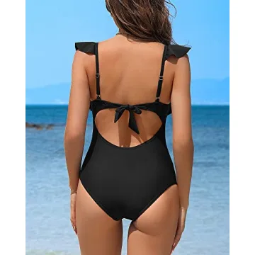 Charmo Womens Ruffle Retro One Piece Swimsuit Ruched Tummy Control Bathing Suit Backless Monokini Swimwear (Black,Large)