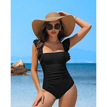 Charmo Womens Ruffle Retro One Piece Swimsuit Ruched Tummy Control Bathing Suit Backless Monokini Swimwear (Black,Large)