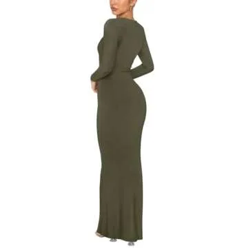 REORIA Women's Sexy Casual Crew Neck Lounge Slimming Long Dress Elegant Wedding Guest Long Sleeve Ribbed Bodycon Maxi Dresses Olive Green Medium