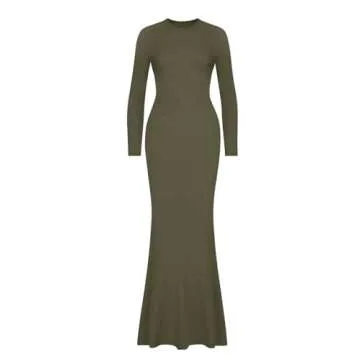 REORIA Women's Sexy Casual Crew Neck Lounge Slimming Long Dress Elegant Wedding Guest Long Sleeve Ribbed Bodycon Maxi Dresses Olive Green Medium