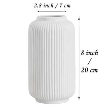 White Vase, Ceramic Ribbed Vase for Flowers and Pampas Grass, 8 Inch Simple Modern Table Vase for Ho...