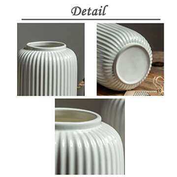 White Vase, Ceramic Ribbed Vase for Flowers and Pampas Grass, 8 Inch Simple Modern Table Vase for Home Office Bedroom, Living Room Kitchen Decor