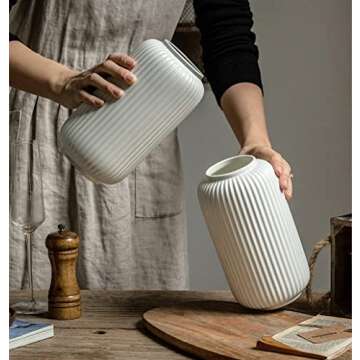 White Vase, Ceramic Ribbed Vase for Flowers and Pampas Grass, 8 Inch Simple Modern Table Vase for Home Office Bedroom, Living Room Kitchen Decor