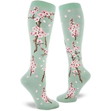 ModSocks Women's Cherry Blossom Knee High Socks in Cameo Green