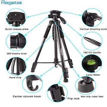 Regetek Travel Camera Tripod (Aluminum 63" Adjustable Camera Stand with Flexible Head) -Portable Tripod for Canon Nikon Sony DV DSLR Camera Camcorder Action Cam/iPhone & Carry Bag & Phone Mount