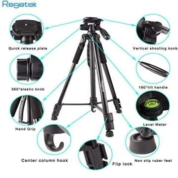 Regetek Travel Camera Tripod (Aluminum 63" Adjustable Camera Stand with Flexible Head) -Portable Tripod for Canon Nikon Sony DV DSLR Camera Camcorder Action Cam/iPhone & Carry Bag & Phone Mount