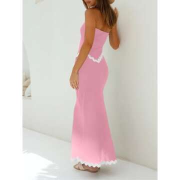 ECHOINE Women's Summer 2 Piece Beach Outfit Casual Sleeveless Cropped Tube Top High Waisted Maxi Skirt Set Pink