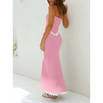 ECHOINE Women's Summer 2 Piece Beach Outfit Casual Sleeveless Cropped Tube Top High Waisted Maxi Skirt Set Pink