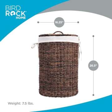 BIRDROCK HOME Seagrass Laundry Hamper with Lid & Liner - Handwoven Round Basket with Handles for Lau...