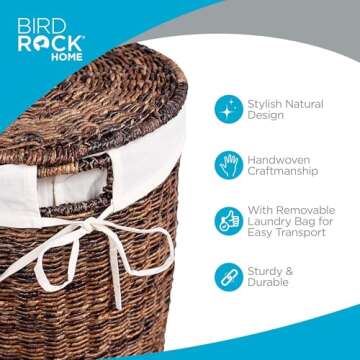BIRDROCK HOME Seagrass Laundry Hamper with Lid & Liner - Handwoven Round Basket with Handles for Laundry/Dirty Clothes - Organizer, Storage, Shelves, Bin in Bathroom, Bedroom & Laundry Room - Espresso